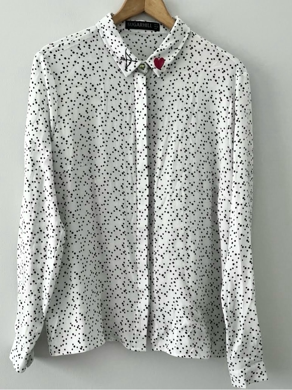 Sugarhill Boutique Button Up Blouse White Polka Dot Print Embroidered Collar 8